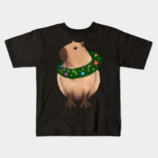 Christmas Capybara with a decorated wreath Kids T-Shirt